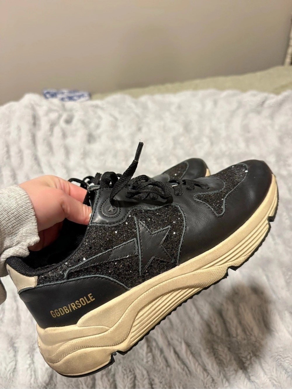 Golden Goose Running Sole Glitter Panel Sneakers in Black & Gold